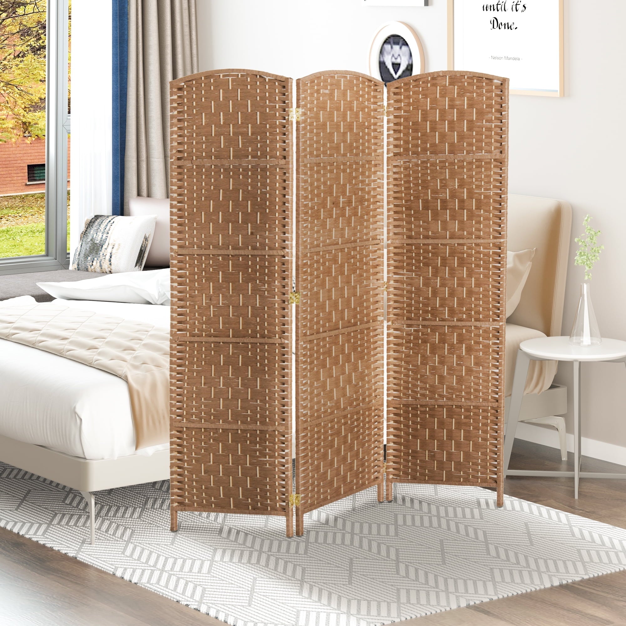 HomCom 6' Tall Wicker Weave 3 Panel Room Divider Privacy Screen - Natural Blonde Wood