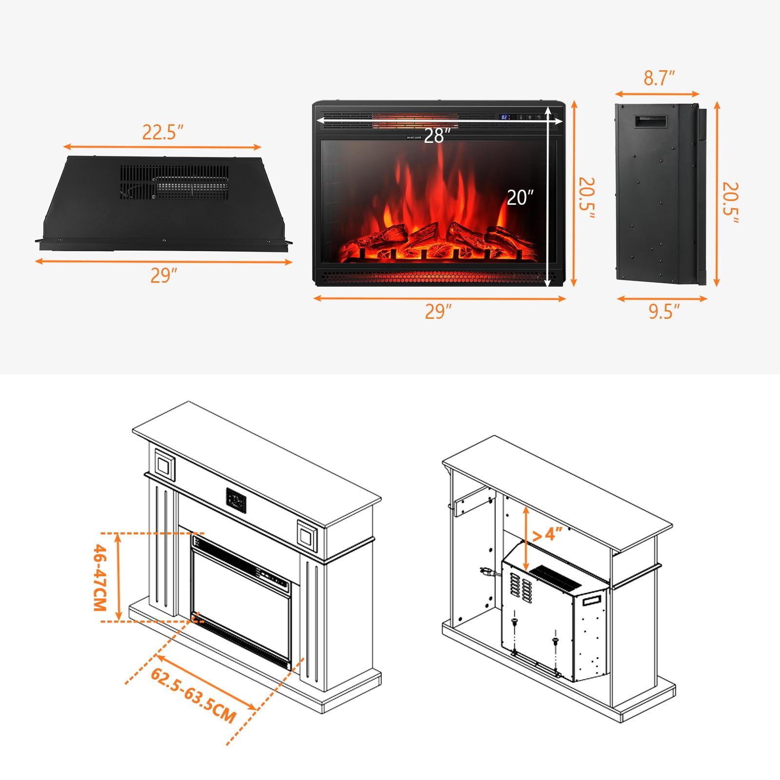 28" Recessed Electric Fireplace,1350W Freestanding Fireplace Stove Heater W/ 3 Flame Colors, 4 Brightness, Adjustable Temperature,Timing Function, Remote Control