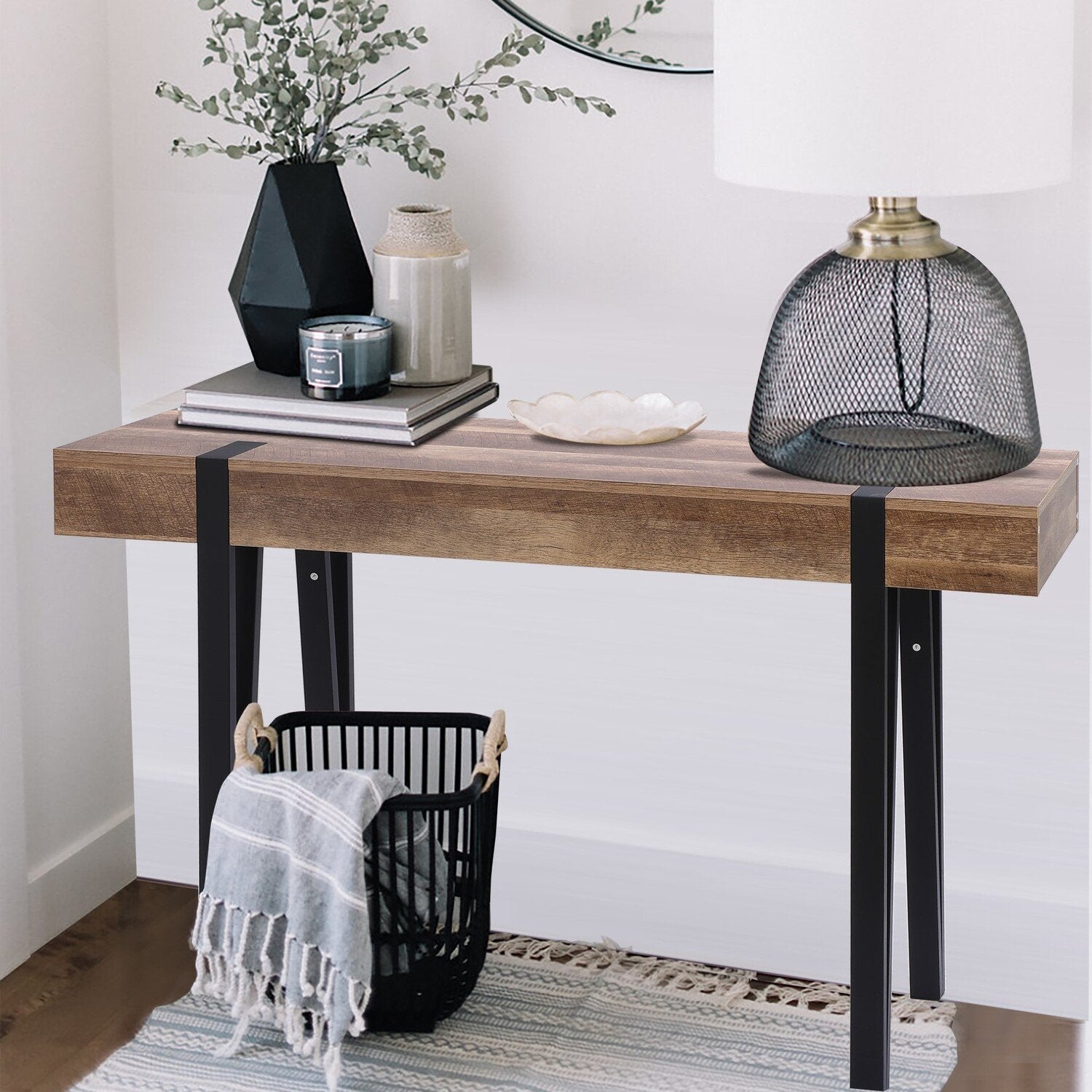 LuxenHome Oak Finish MDF Wood Black Metal Console Entry Table