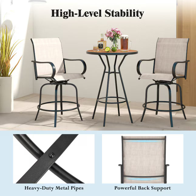 Mondawe Set of 2 Black Metal Frame Stationary Bar Stool Chair with Off-white Sling Seat
