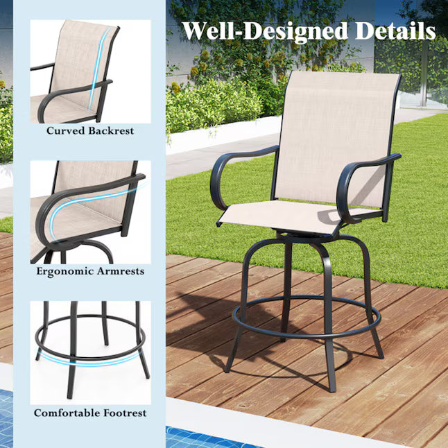 Mondawe Set of 2 Black Metal Frame Stationary Bar Stool Chair with Off-white Sling Seat