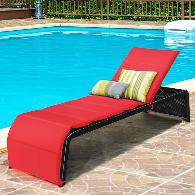 2 PCS Patio Rattan Lounge Chair Chaise Recliner Back Adjustable Cushioned Red