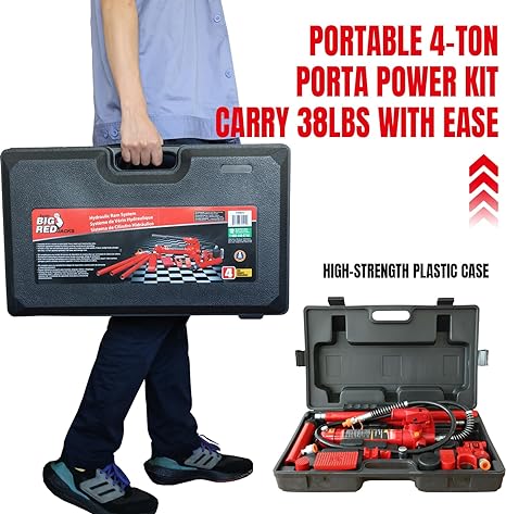 4 Ton Porta Power Kit, 17-Pcs Hydraulic Ram Auto Body Frame Repair Kit With Blow Mold Carrying Storage Case, 8000 Lbs Capacity,Red, T70401S Torin