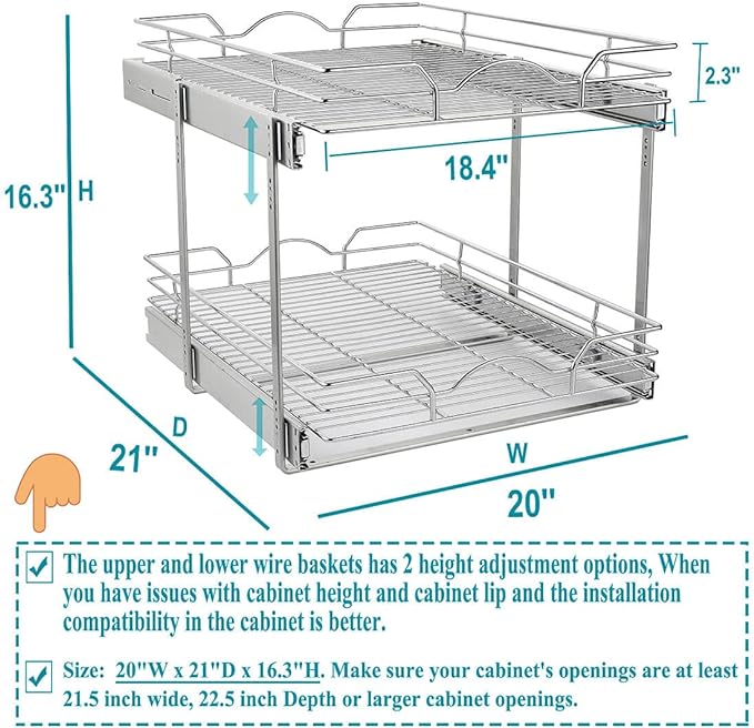 Pull Out Cabinet Organizer (20" W x 21" D), 2 Tier Pull Out Drawers for Kitchen Cabinets, Pull Out Shelves for Base Cabinet Organization in Kitchen, Bathroom, Pantry, Chrome Finish