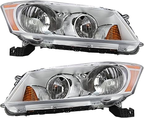 Headlights Assembly Set of 2 Replacement for 2008 2009 2010 2011 2012 Honda Accord 33100TA0A01 33150TA0A01 Chrome Housing Clear Lens