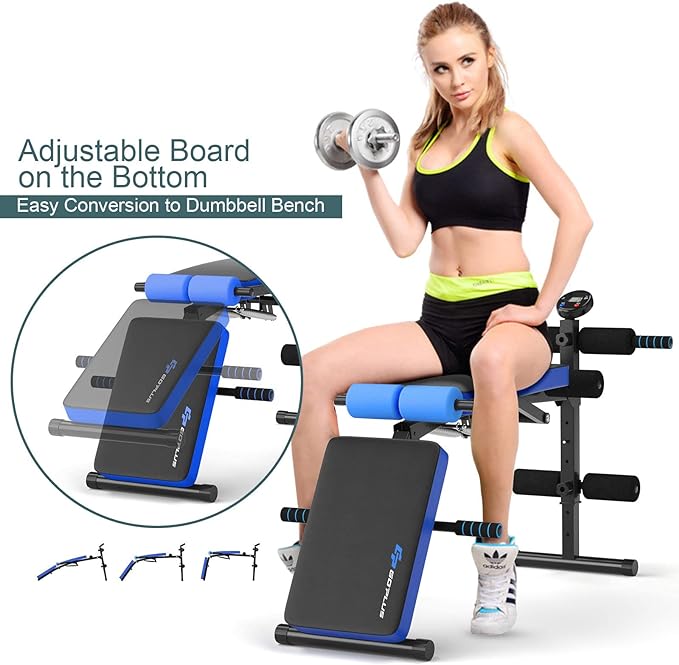Goplus 6 in 1 Adjustable Sit Up Bench, Foldable Utility Weight Bench w/LCD Monitor, Flat/Incline/Decline Exercise Multi-Purpose Bench for Home