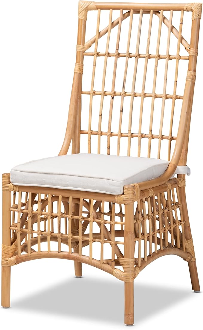 Baxton Studio Rose Dining Chair Dining Chair White Fabric Upholstered and Natural Brown Rattan Dining Chair