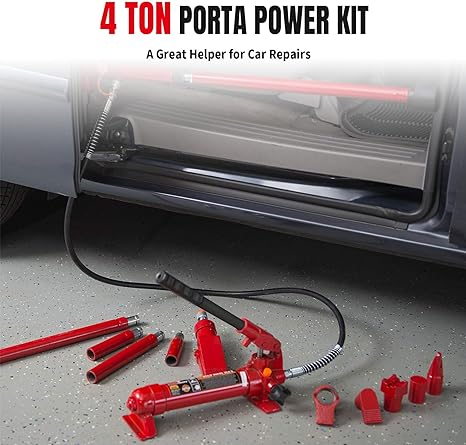 4 Ton Porta Power Kit, 17-Pcs Hydraulic Ram Auto Body Frame Repair Kit With Blow Mold Carrying Storage Case, 8000 Lbs Capacity,Red, T70401S Torin