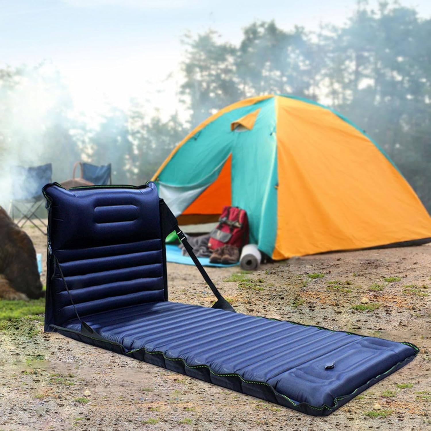 Kokiya Camping Sleeping Pad with Pillow Inflatable Sleeping Pad Lounge Chair Camping Air Mattress for Backyard Hiking Camping Indoor Backpacking, Navy Blue