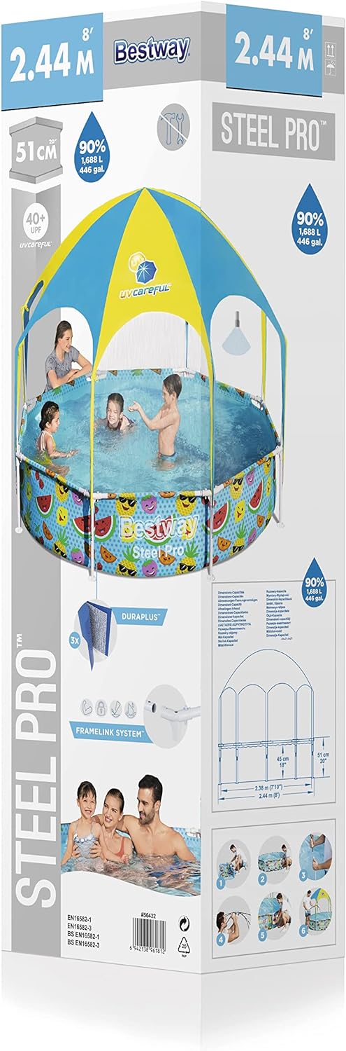 H2OGO! Kids Splash-in-Shade 8-Foot Round Steel Frame Above Ground Pool with Water Mister and Canopy Sunshade, Green Tropical Leaf Print