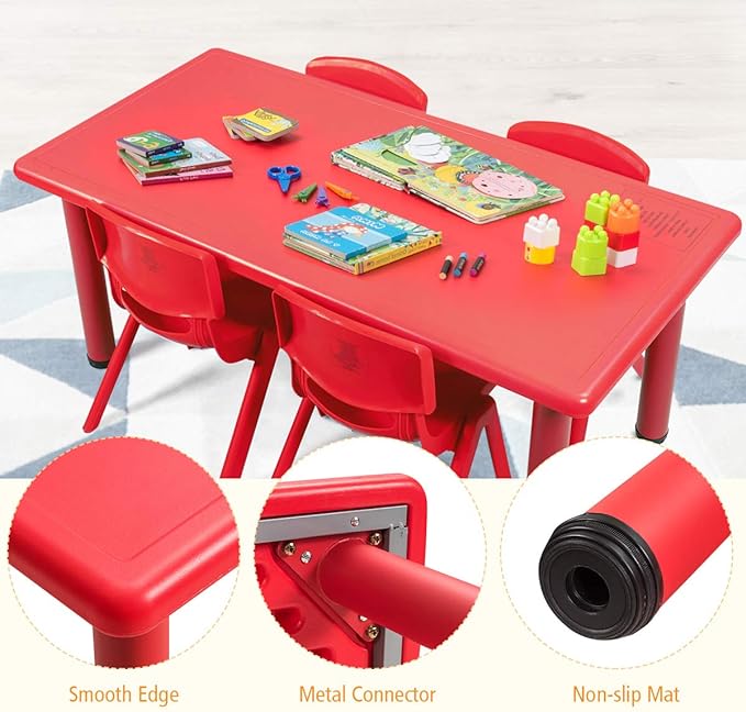 47 x 23.5 Inch Rectangular Kids Table, Children School Activity Table for Reading Drawing Dining Playing, Multifunctional Plastic Table w/Steel Pipe, Toddler Furniture for Boys & Girls (Red)