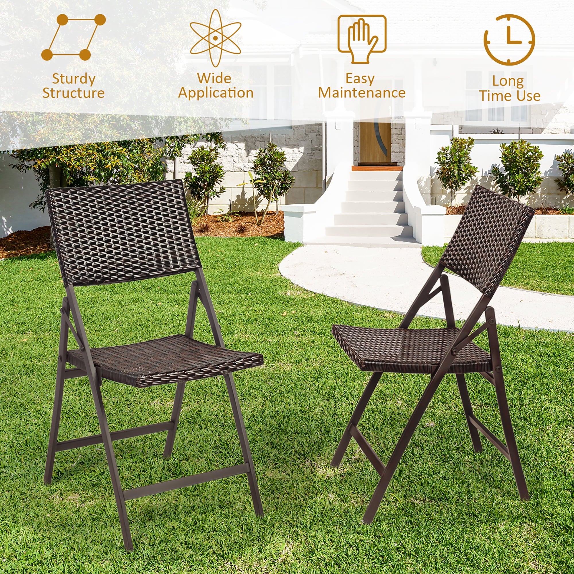 Set of 2 Patio Rattan Folding Dining Chairs Portable Garden Yard Brown