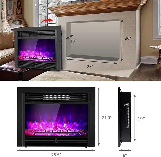 28.5-Inch Electric Fireplace Inserts, 750W/1500W Wall Recessed and Freestanding Fireplace with 3 Flame Colors, 5 Brightness Settings, 8H Timer, Remote Control, Heater for Indoor Use