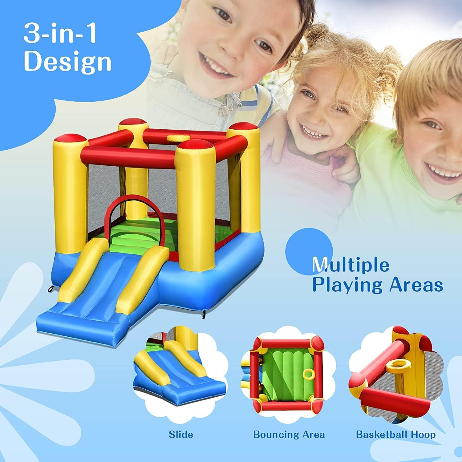 Inflatable Bounce House, Indoor Bouncy House for Kids 3-5 with Slide, Basketball Hoop Jumping Area, Fun Playhouse Bouncer Jumper, Outdoor Bouncy Castle for Party, Backyard