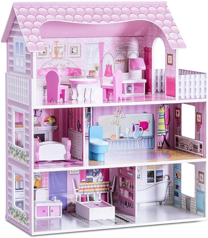 Dollhouse, Toy Family House with 8 pcs Furniture, Play Accessories, Cottage Uptown Doll House, Dream Doll House Playset for Girls (Three Levels)