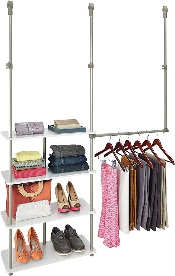Closet Maximizer with (4) Shelves & Double Hang Rod, Tool Free Add On Unit, White Finish,11.6 x 53 x 74 inches