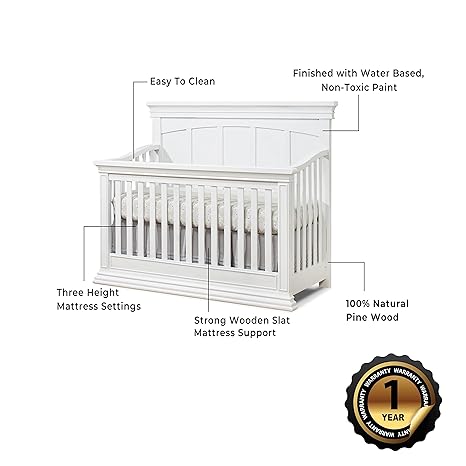 Sorelle Furniture Modesto Crib, Classic 4-In-1 Convertible Crib, White Crib Made of Wood, Non-Toxic Finish, Wooden Baby Bed, Toddler Bed, Child’s Daybed and Full-Size Bed, Nursery Furniture-White