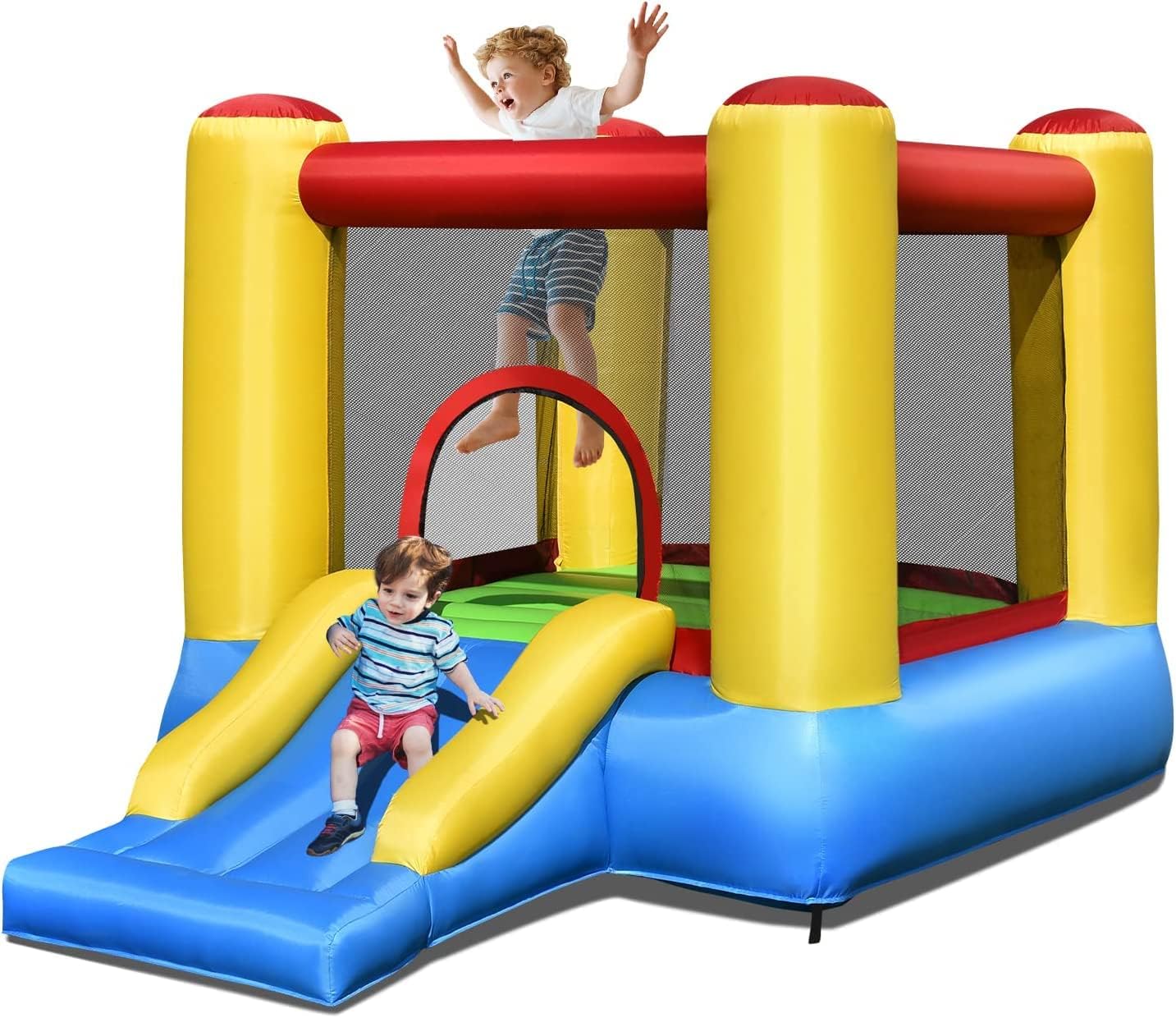 Inflatable Bounce House, Indoor Bouncy House for Kids 3-5 with Slide, Basketball Hoop Jumping Area, Fun Playhouse Bouncer Jumper, Outdoor Bouncy Castle for Party, Backyard