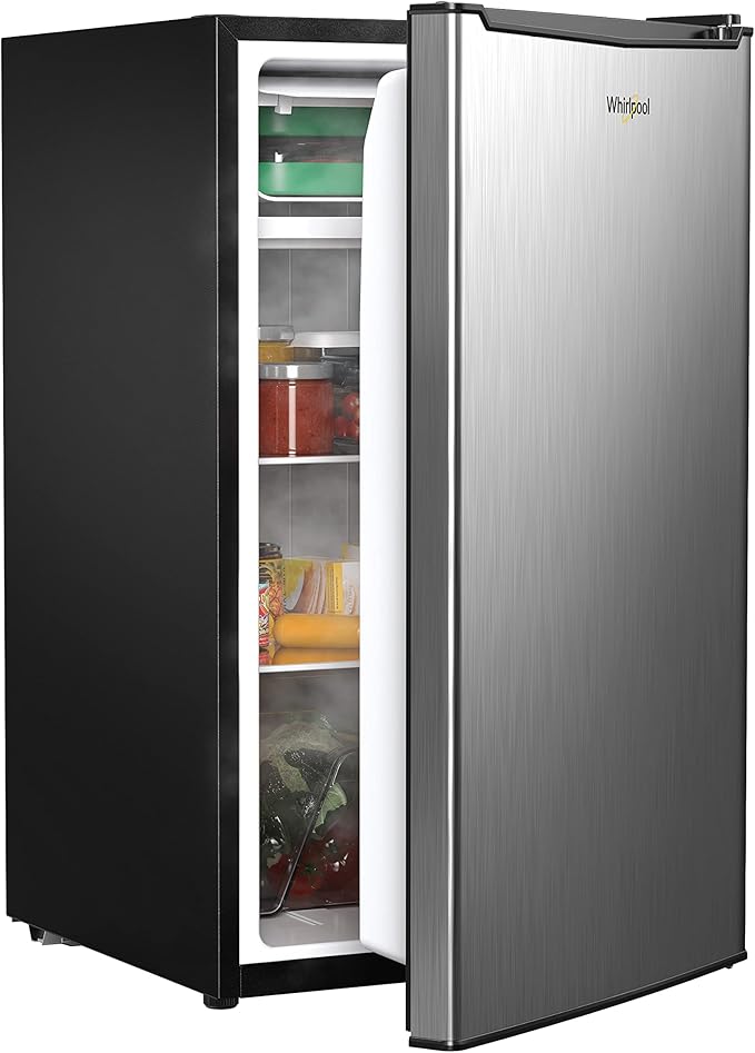 Whirlpool WHR35S1E 3.5 Cu.Ft Mini Fridge, Small Refrigerator with Adjustable Thermostat, Low Noise, Energy Efficient, Compact Fridge for Dorm, Office, Bedroom, Stainless Steel