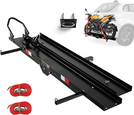 IRONMAX 600LBS Motorcycle Carrier, Heavy Duty Steel Hitch Mount Rack Hauler with Loading Ramp, Wheel Chock & 2 Straps, Anti Tilt Scooter Dirt Bike Carrier for Car Truck SUV RV