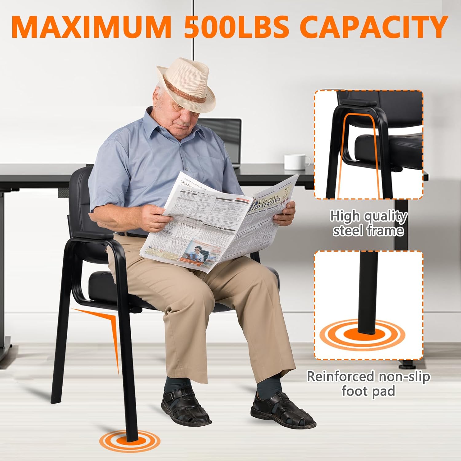 CLATINA Big & Tall 500 lbs Waiting Room Guest Chair, Leather Office Reception Chair No Wheels with Padded Arms for Elderly Home Desk Conference Room Lobby Side Salon Clinic, Black(2 Pack)