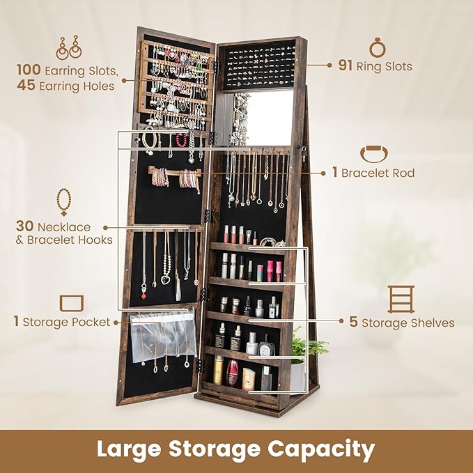 Jewelry Cabinet, Lockable Large Capacity Jewelry Organizer with Full Length Mirror, Vintage Jewelry Armoire with Inside Makeup Mirror for Bedroom, Closet, Rustic Brown