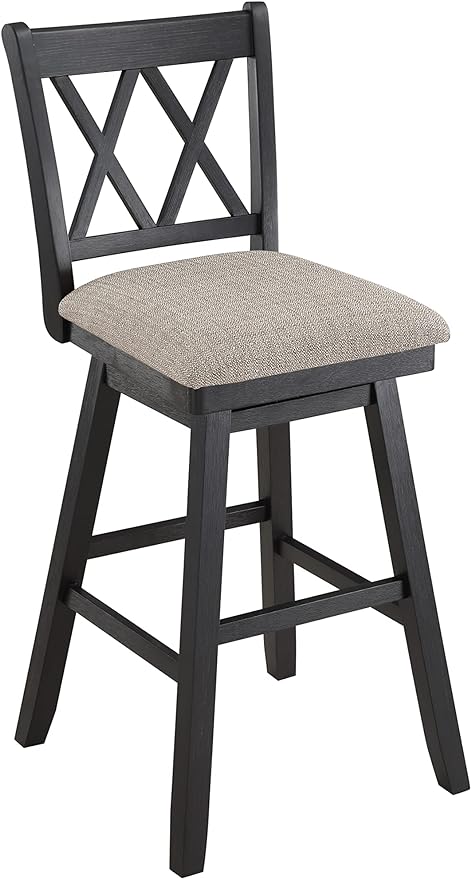 Home Brookline Swivel Bar Stool Chair with 360° Turn Mechanism, Rustic Farmhouse Stools for Kitchen Counter with Cushion, 24" Seat Height, Black Wood Finish with Beige Cushion