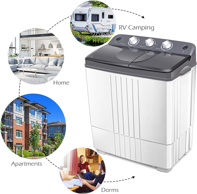 Portable Washing Machine, Twin Tub 20Lbs Capacity, Washer(12Lbs) and Spinner(8Lbs), Compact Laundry Machines Durable Design Energy Saving, Rotary Controller Drain Hose, Grey+White