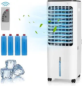 Evaporative Cooler, Include Remote Control, 4 Ice Packs, Bladeless Fan with 4 Wind Modes, 3 Speeds, 7.5H Timer, 12L Water Tank, LED Display, Portable Air Cooler for Indoor Use, Bedroom, White