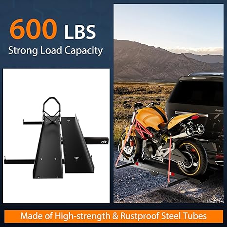 IRONMAX 600LBS Motorcycle Carrier, Heavy Duty Steel Hitch Mount Rack Hauler with Loading Ramp, Wheel Chock & 2 Straps, Anti Tilt Scooter Dirt Bike Carrier for Car Truck SUV RV