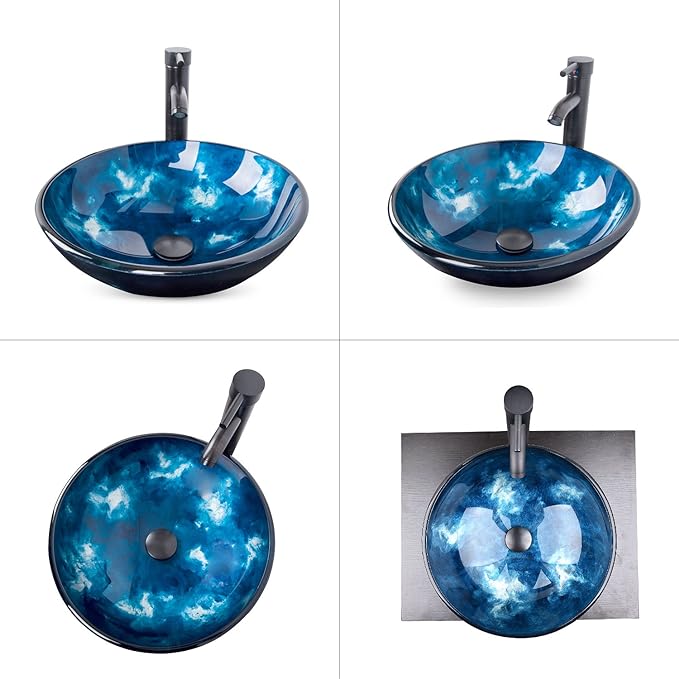 Artistic Vessel Sink Bathroom Tempered Glass Vanity Round Bowl with Oil Rubber Bronze Faucet and Pop up drain Combo, Ocean Blue