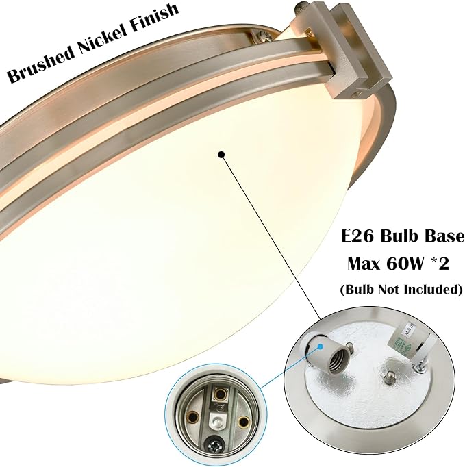 TEENYO 12-Inch Brushed Nickel Flush Mount Ceiling Light Modern 2-Light Milk Glass