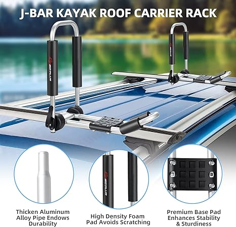 Kayak Roof Rack, 2 Pcs Folding J Bar Kayak Mount Rack for SUV Truck Car Crossbar, Include Ratchet Straps, Protective Foam Pad, Adjustable Universal Kayak Carrier for Canoe SUP Boat (Unilateral)