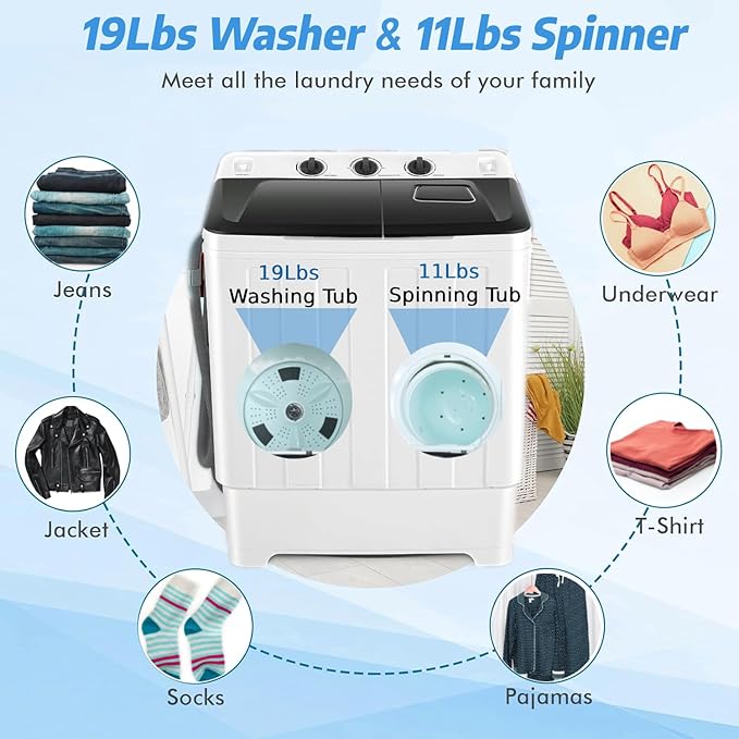 Portable Washing Machine 30Lbs Capacity Washer and Dryer Combo 2 In 1 Compact Twin Tub Laundry Washer (19Lbs) & Spinner (11Lbs) with Built-in Drain Pump, Time Control, for Apartment Dorms RV