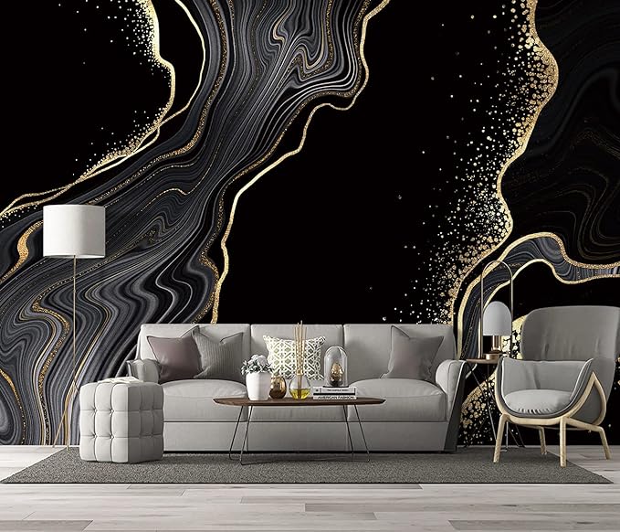 Black and Gold Marble Wallpaper Modern Bedroom Trendy Mens Room Decor murals Office Living Room tv Background Large Wall Mural - 183"x120" Not Peel and Stick