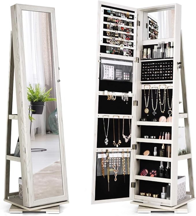 3-in-1 Jewelry Cabinet, Lockable Jewelry Armoire Storage Unit with Full Length Mirror and Display Shelf, Home Bedroom Dressing Room Cosmetics Jewellery Organiser (360° Swivel White)
