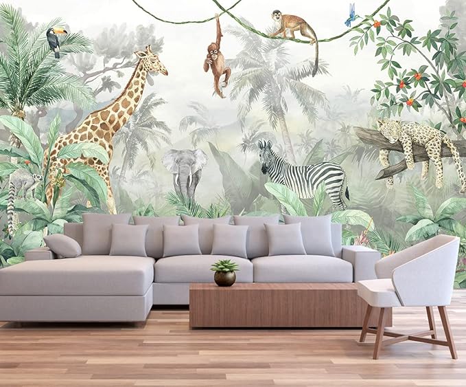 Kids Wallpaper Tropical Leves and Safari Animals Wall Mural for Wall Bedroom Living Room TV Background Sofa Wall (not self-Adhesive)