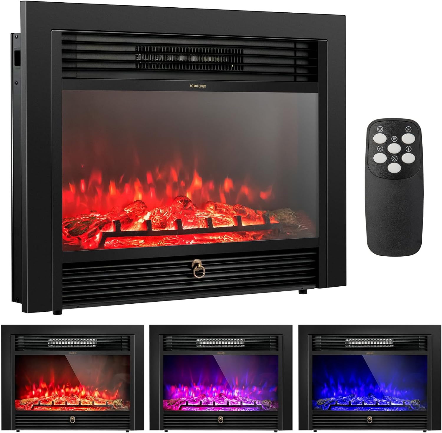 COSTWAY 28.5-Inch Electric Fireplace Inserts, 750W/1500W Wall Recessed and Freestanding Fireplace with 3 Flame Colors, 5 Brightness Settings, 8H Timer, Remote Control, Heater for Indoor Use