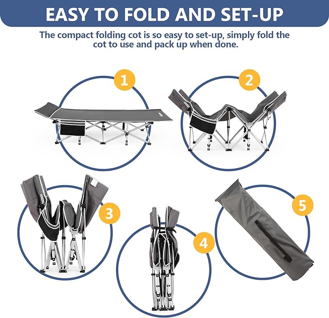 Nictemaw Folding Camping Cot, Portable Camping Cot for Adults, for Outdoor Home Office-Grey