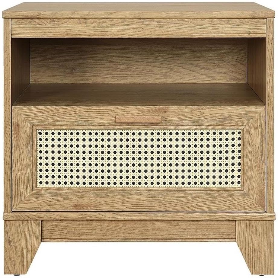 Manhattan Comfort Sheridan Cane Nightstand with Full-Extension Drawer and Open Shelf Cubby, Mid-Century Modern Bedside End Table, Boho Night Stand Accent Table for Bedroom or Living Room in Black