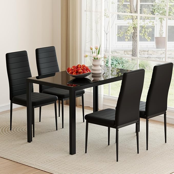 Dining Table Set for 4, Modern Kitchen Table and Chairs, Glass Tabletop & Metal Frame Dinner Table, 4 Faux Leather Upholstered Chairs, 5 Pieces Dining Set for Small Spaces, Black