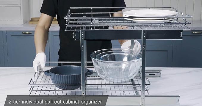 Pull Out Cabinet Organizer (20" W x 21" D), 2 Tier Pull Out Drawers for Kitchen Cabinets, Pull Out Shelves for Base Cabinet Organization in Kitchen, Bathroom, Pantry, Chrome Finish