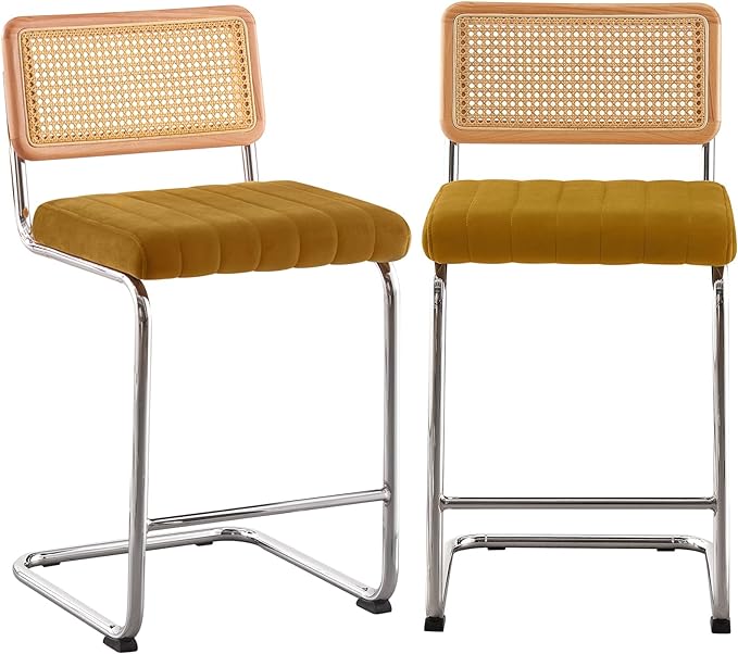 Counter Height Bar Stools Set of 2, 26" Rattan Counter Stool Velvet Upholstered Barstool with Cane Back & Chrome Frame