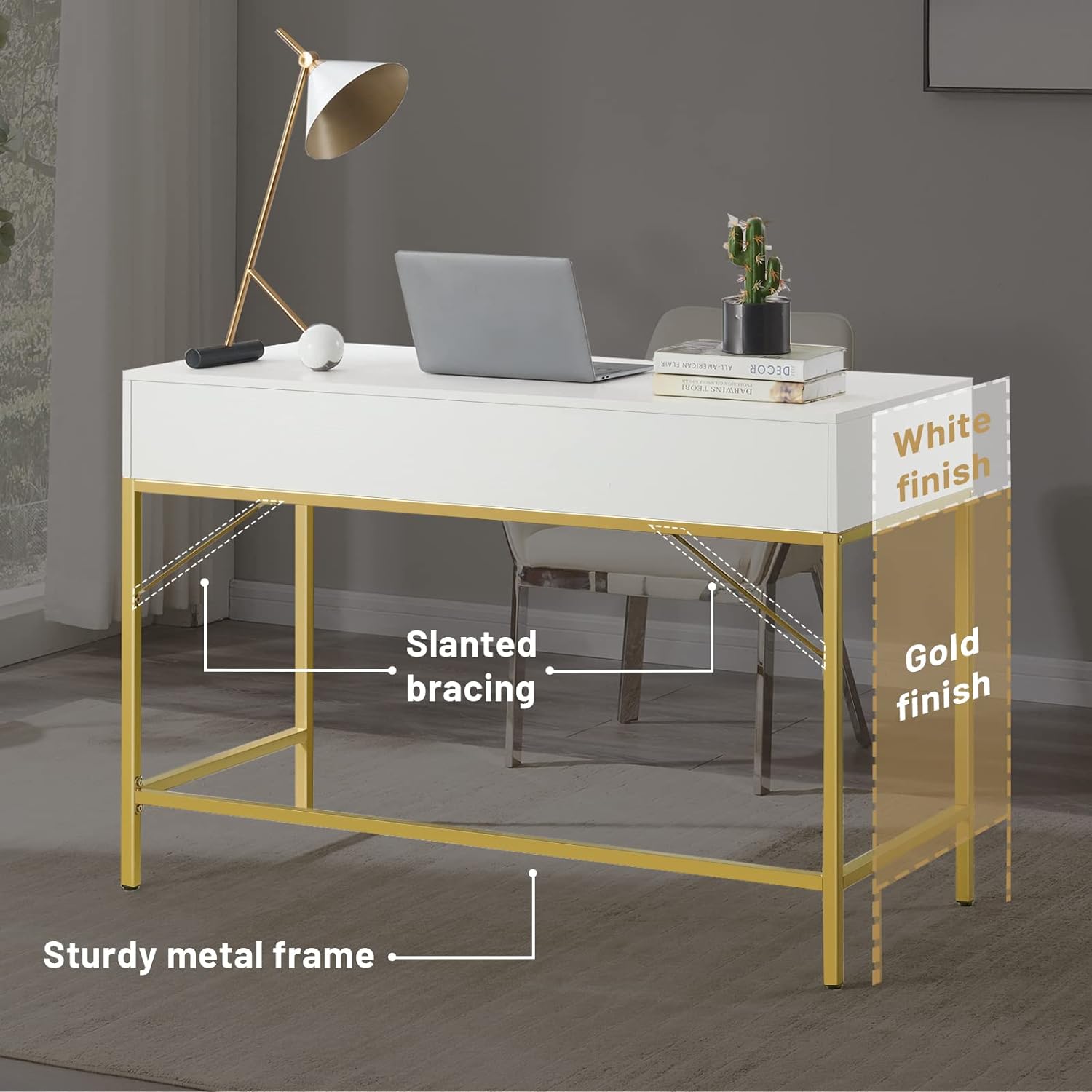 SUPERJARE Vanity Desk with Drawers, 47 inch Computer Desk, Modern Simple Home Office Desks, Makeup Dressing Table for Bedroom - White and Gold