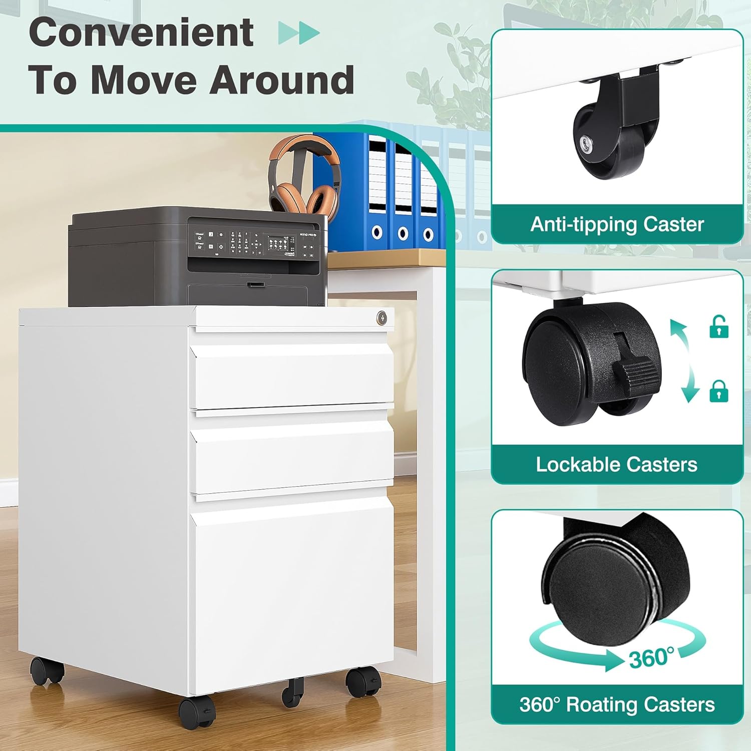 Assembled 3 Drawer File Cabinet with Wheels,Under Desk File Cabinet with Lock,White Rolling Filing Cabinets, Metal Filing Cabinets for Home Office,Fit A4/Letter/Legal,Pre-Assembled Except Caster