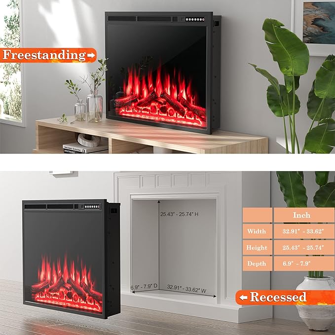 34 Inches Electric Fireplace Insert, Recessed and Freestanding Fireplace Heater with Touch Panel, Remote Control, Overheat Protection, 4 Flame Colors, 4 Log Colors, 750W/1500W