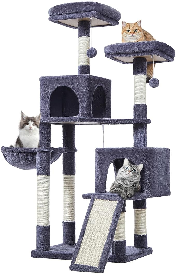 56.3-Inch Cat Tree, Cat Tower with Scratching Posts, Cat Tree House for Indoor Cats with hammocks, Toys, Condo and Large Scratch Board, Smoky Gray MS012G