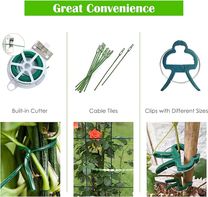 -Pack Garden Cucumber Trellis, 46 x 34 inch Plant Support with Garden Twist Tie, Spiral Connectors, Cable Ties, Ground Stakes and Clips, Outdoor Garden Trellis for Climbing Plants