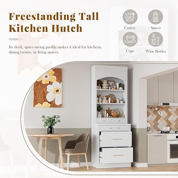 83.7inch Tall Farmhouse Kitchen Pantry Cabinet, Freestanding Kitchen Cabinet Hutch Cabinet with Faux Marble Top Display Cupboard Cabinet with 5 Storage Drawers and Adjustable Shelf, for Living Room
