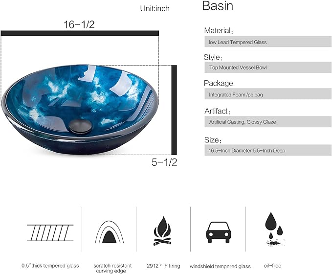 Artistic Vessel Sink Bathroom Tempered Glass Vanity Round Bowl with Oil Rubber Bronze Faucet and Pop up drain Combo, Ocean Blue